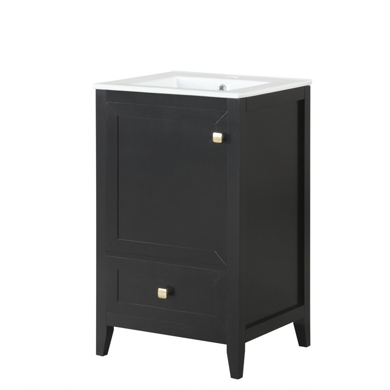 -inch bathroom vanity with sink, soft-closing door, storage rack, and drawer, compact and sleek design in black.