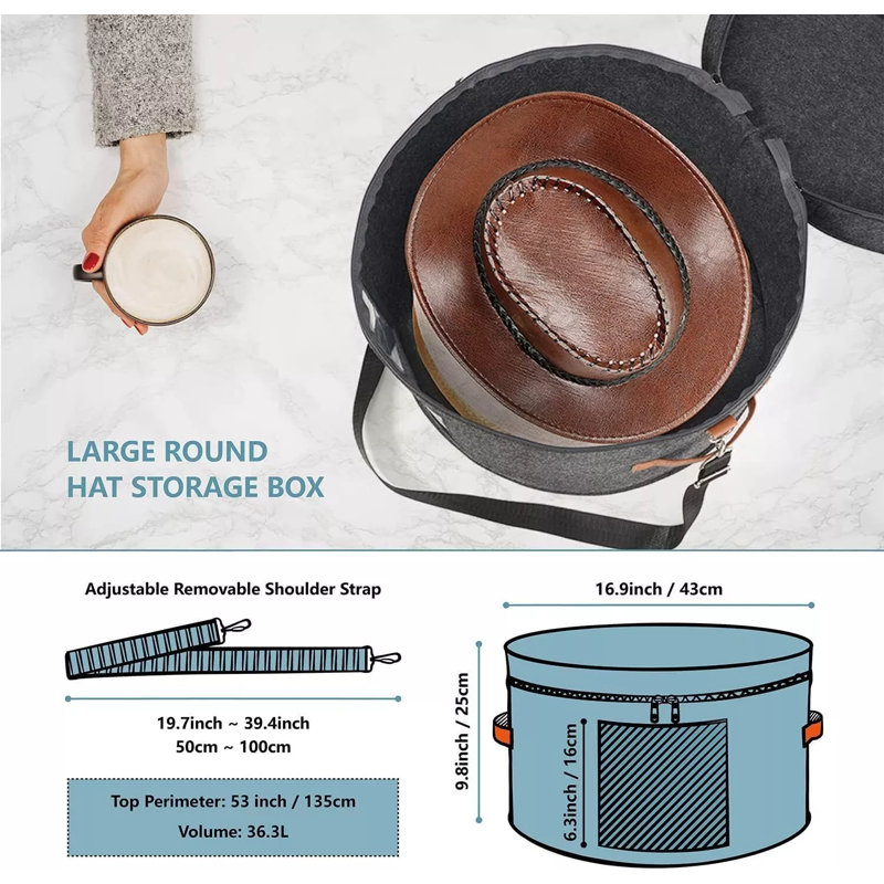 17'' Round Travel Hat Box Closet Organizer Cowboy Hat Straw Hat Toy Storage Bag