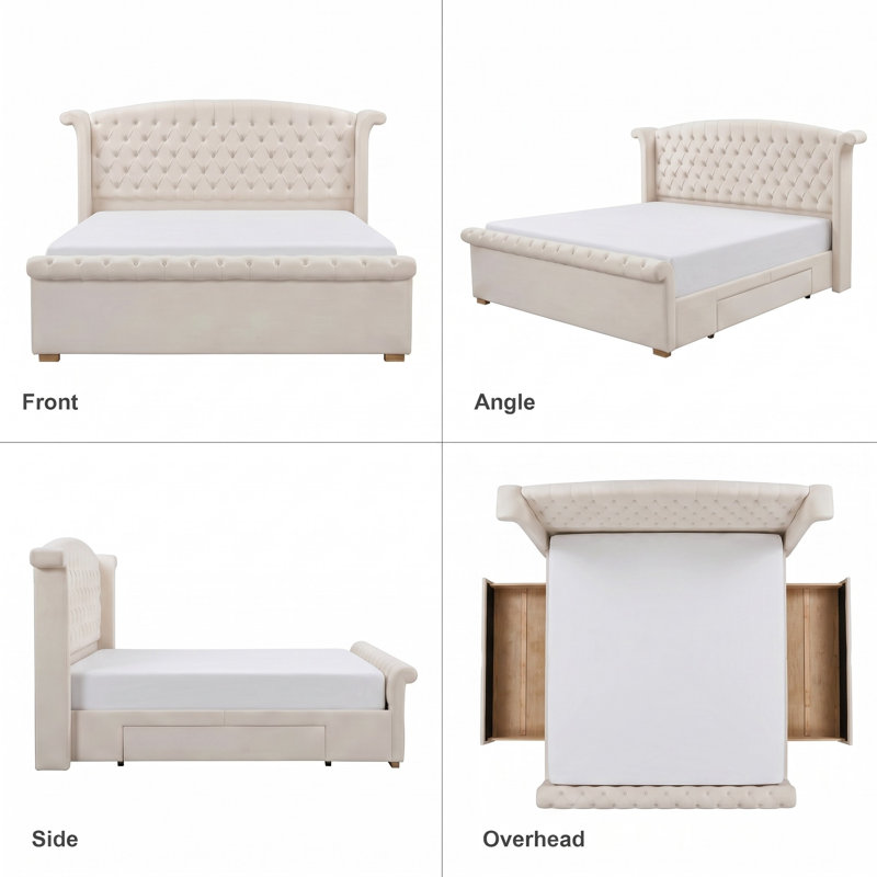 Wingback Tufted Upholstered Sleigh Bed with 2 Storage Drawers, King, Cream Velvet, King, Cream