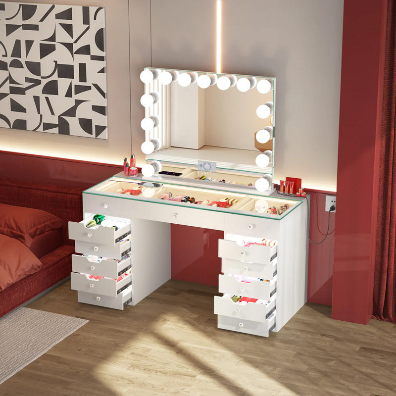 Makeup Vanity Set with hollywood Makeup Mirror HD Glass Top Built-in LED Light Strips Large 13 Drawers