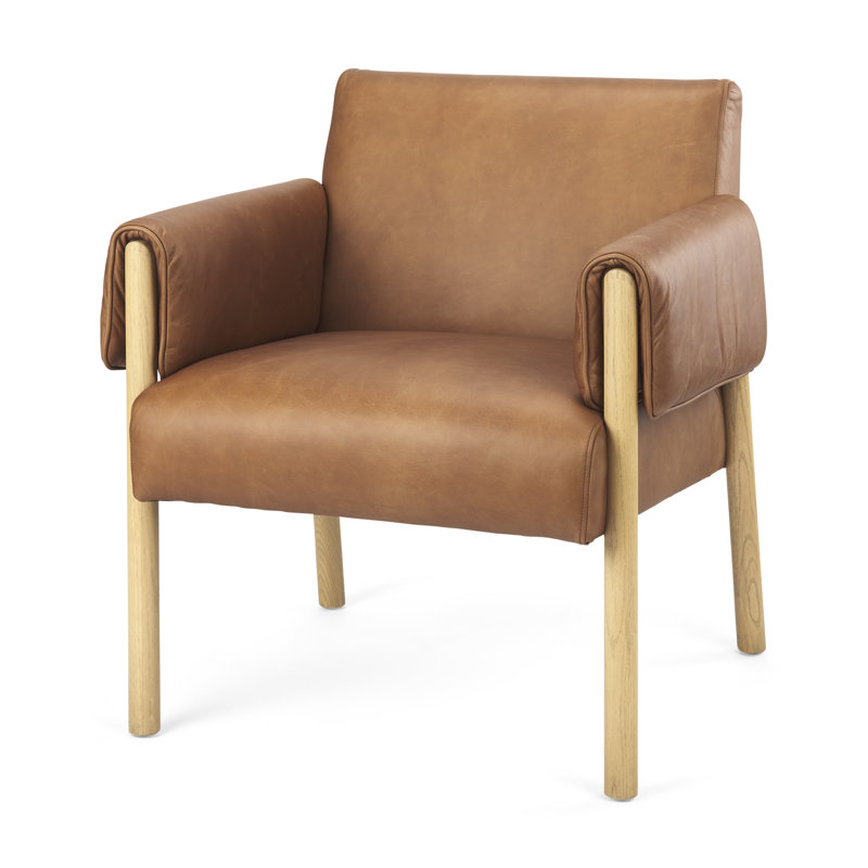 Jewels Upholstered Armchair, Brown Genuine Leather, Light Brown