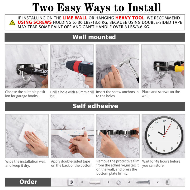 5 Holders+4 Hooks Broom Holder Wall Mounted with Nails Installation, Silver