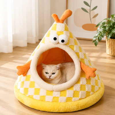 Tente de grotte pour chat, tipi pour animal de compagnie en peluche fermé avec coussin amovible, maisonnette chaleureuse pour chats d'intérieur