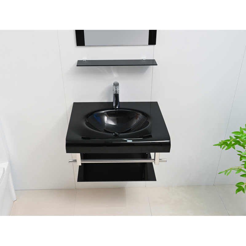 Ensemble de meuble-lavabo 24 po en verre trempé blanc moderne et acier inoxydable, Noir