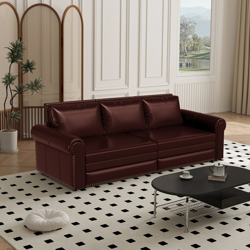 3-In-1 Faux Leather Convertible Sleeper Sofa, Burgundy