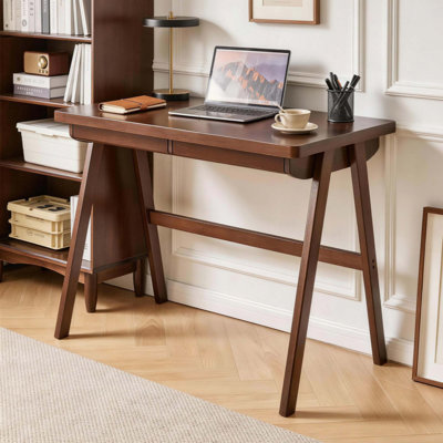 100% Solid Rubber Wood Computer Desk, Retro Writing Desk with Drawer, Sturdy A-Frame Leg, Standard Thick Home Office Study Table