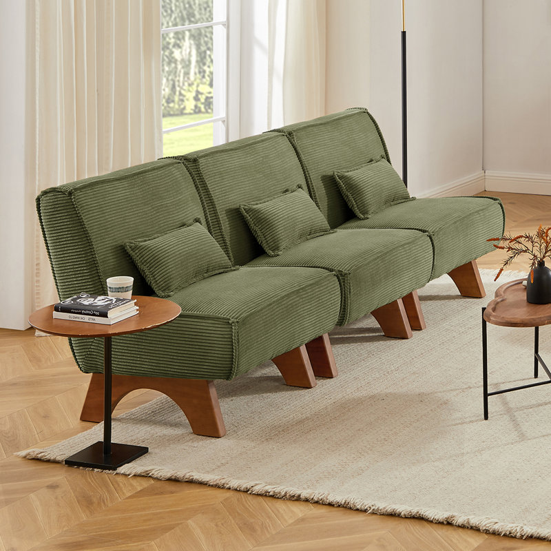 Canapé modulaire rembourré 3 pièces avec base en bois massif et coussins Drayk, Chenille vert clair
