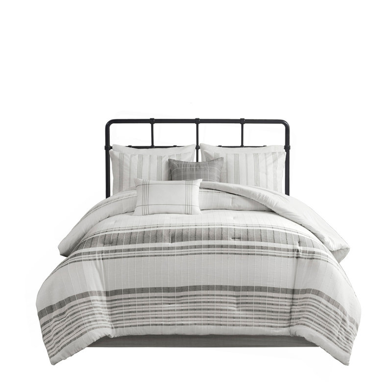 6 Piece Cotton Jacquard Oversized Comforter Set White/Grey Queen, Queen Comforter + 5 Additional Pieces, White/Gray Striped