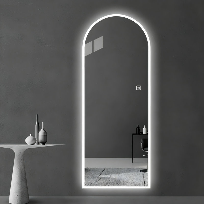 65" X 21" LED Full Length Wall Mirror, Symmetrical Arch Design With Frosted Glass Border, Dimmable 3 Color Temperature Lighting, Copper-Free Silver Glass, Hardwired Or Plug-In