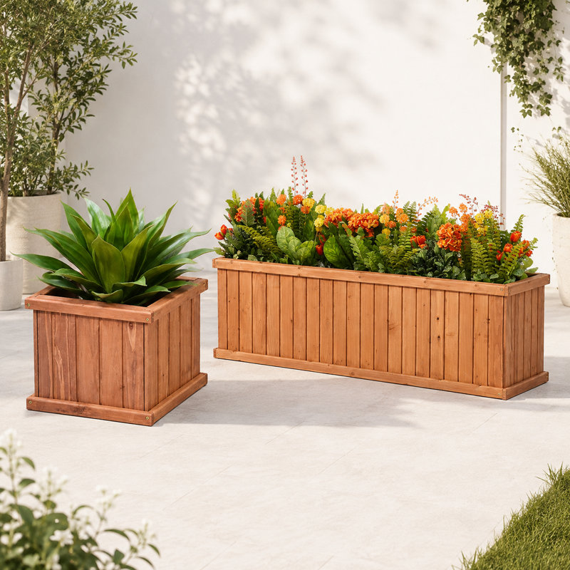 2-Piece Cedar Wood Outdoor Planter Box Set with Drainage, 15-Inch Square and 60-Inch Rectangular, Brown