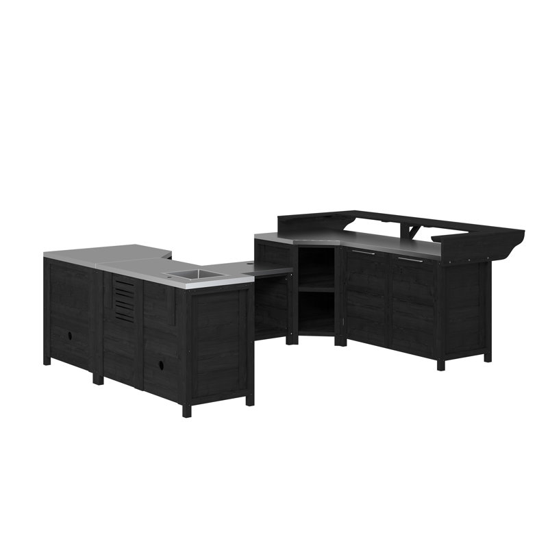 Ensemble de cuisine extérieure en cèdre noir en forme de U, 6 pièces, avec évier, espace barbecue, double rangement d'angle et bar.