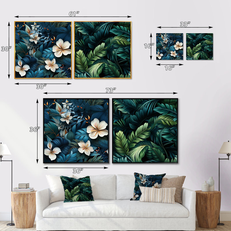 Ohiowa - Ensemble de 2 collages floraux carrés, Cadre flottant blanc, H 36 po x l 73 po