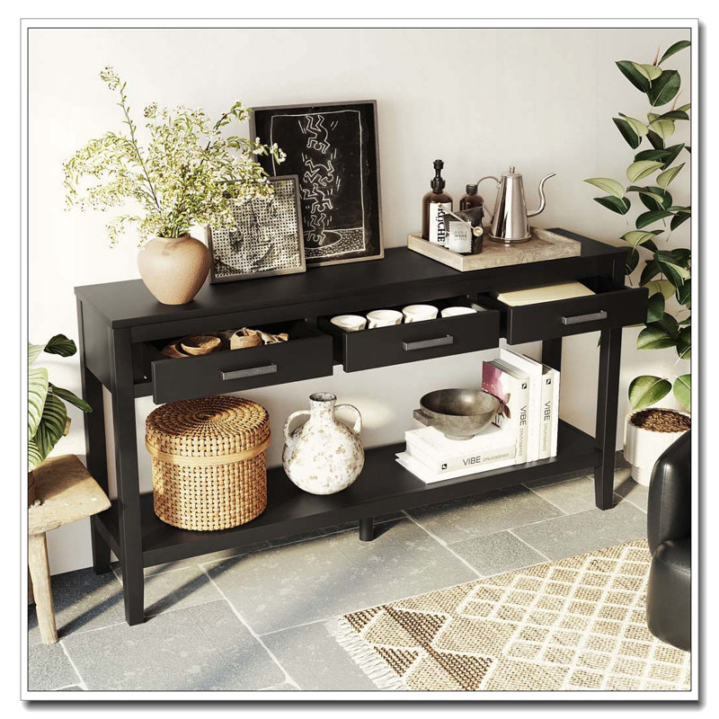 62.2'' Farmhouse Entryway Table with 3 Drawers, Painted Console Table with Bottom Shelf & Iron Handles, Black