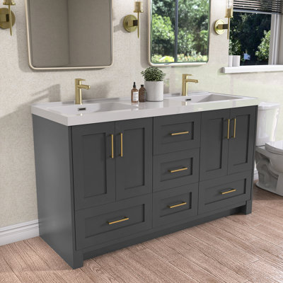 Solid Wood 60" Double Bathroom Vanity Set With Solid Surface Countertop,Pre-Assembled Bath Cabinet Dark Grey