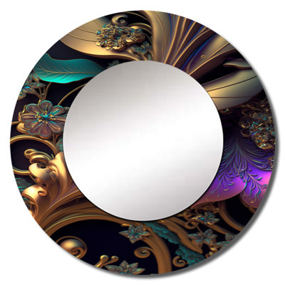 Abstract Ornate Flowers In Gold V - Floral Round Mirror Wall Decor