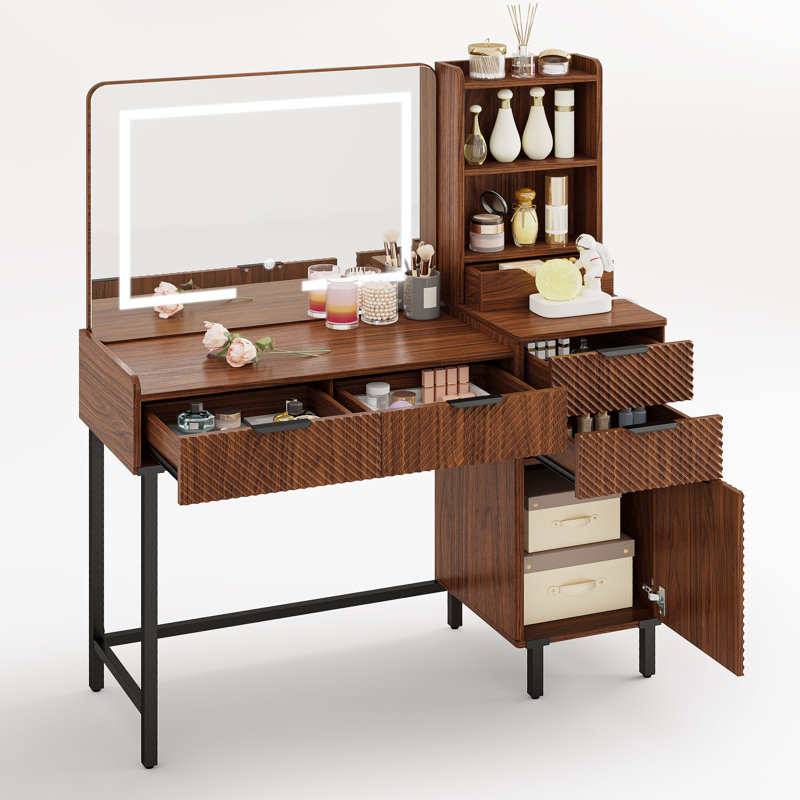 45.3’’L Modern Style Vanity Desk With Mirror, LED Lights And Power Outlet, Bedroom Makeup Vanity Table With Storage Cabinet And 4 Drawers