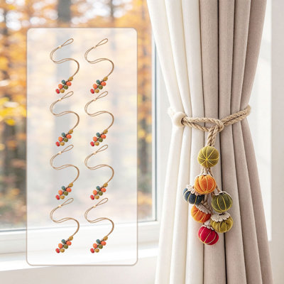Pumpkin Decor Curtain Tiebacks, Jute Rope Wooden Bead Curtain Holdbacks, Rustic Farmhouse Style for Living Room Bedroom, Multiple Quantities Available
