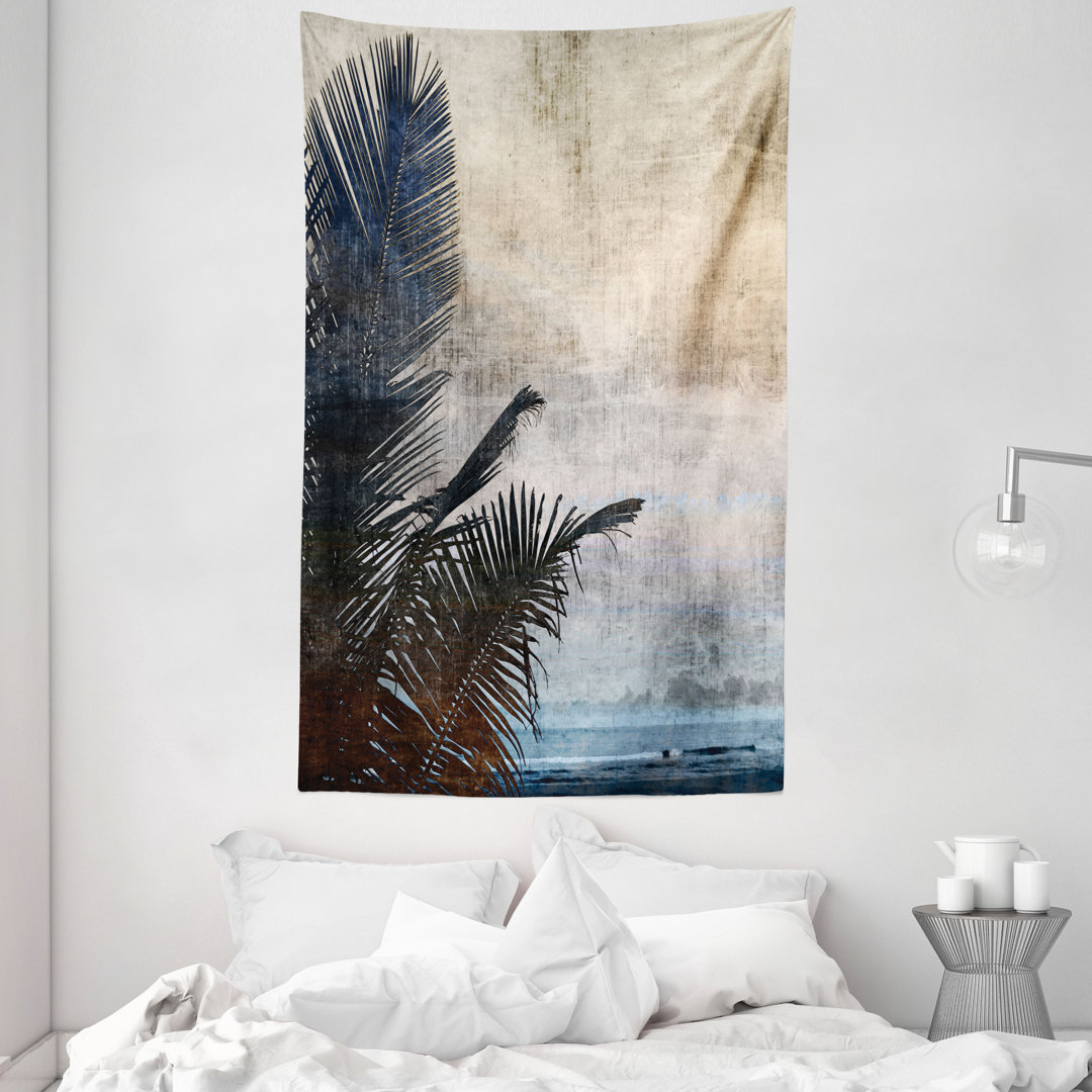 Tapestry, Grunge Palm Trees Art, Beige Navy