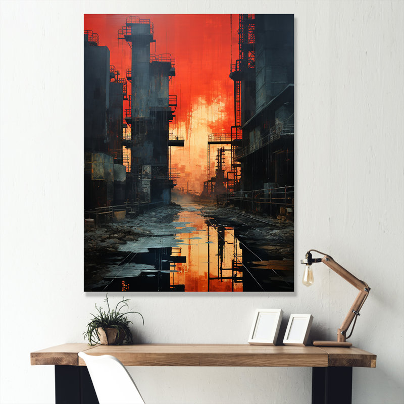 Échos de l'usine cramoisie sur toile, Toile tendue, H 40 po x l 30 po x P 1,5 po