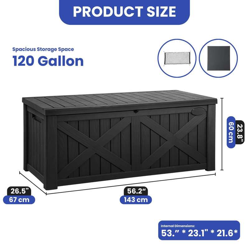 Edrosie Inc 56.2'' W 120 Gallons Water Resistant Resin Lockable Deck Box, Black