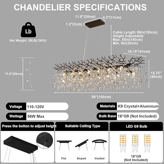 Lustres en cristal Erdenheim, H 15,7 po x l 60 po x P 16,2 po, Noir