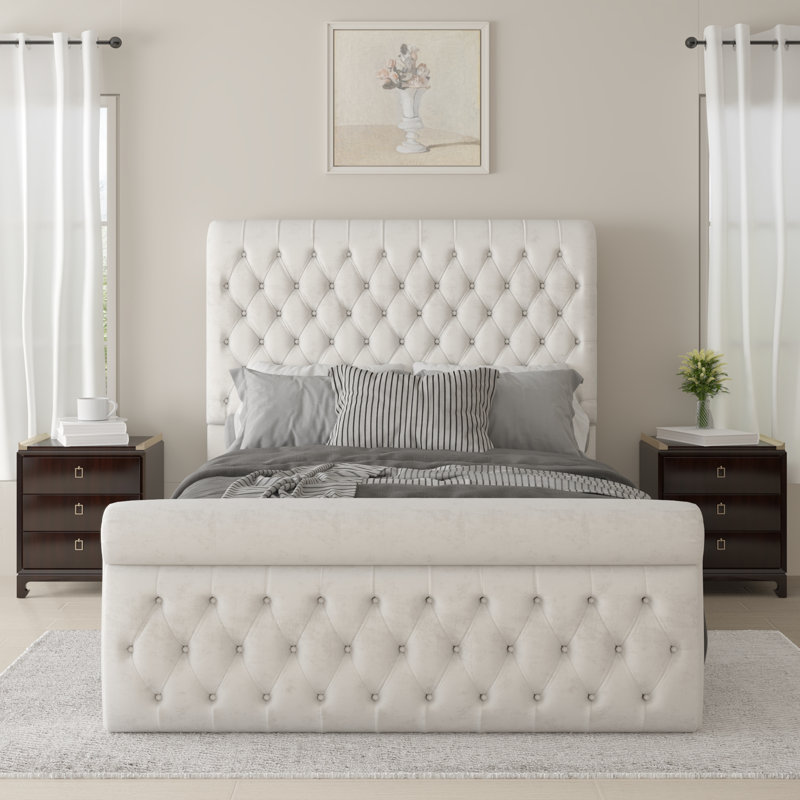 Mieya Queen Size Velvet Upholstered Sleigh Bed Platform Bed Frame, Beige