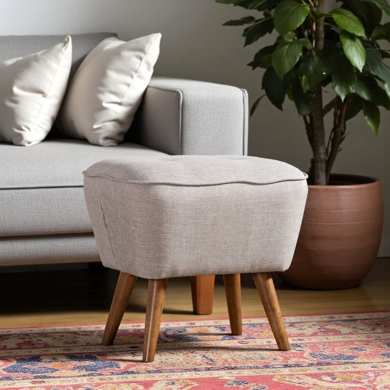Indira Ottoman with Greyish Beige Fabric Upholstery, Walnut Finish, 14.55" H X 18.9" W X 17.47" D