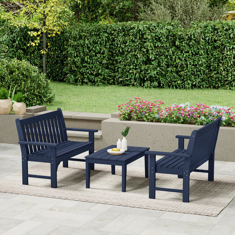 Laguna Poly 3-Piece Bench With Coffee Table, Navy Blue