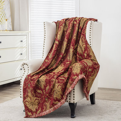 Jeté classique en damas pour canapé-lit, couverture décorative de luxe bourgogne 52 po x 72 po