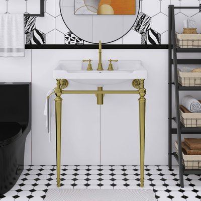 28" Wall-Mounted Ceramic Vanity Basin,Freestanding Stainless Steel Support Legs With Towel Bar