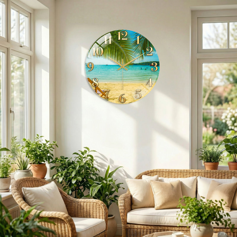 «Beach Scene», horloge murale en verre, 40 x 40 cm (15,7 x 15,7 pouces)
