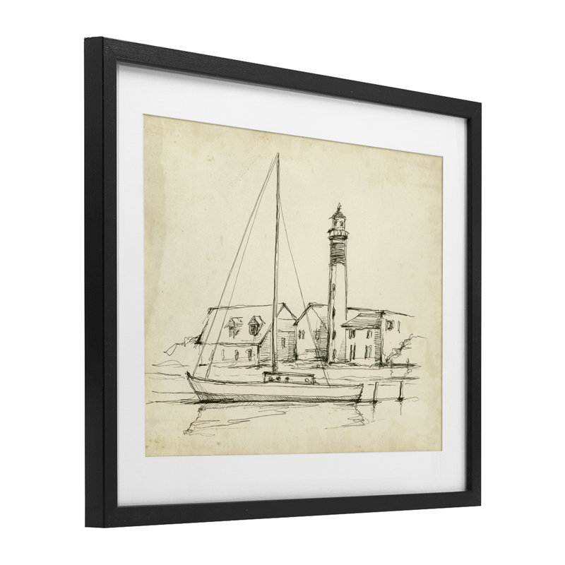 Phare et étude de bateau, reproduction encadrée sous verre, conception par Ethan Harper, H 13 po x l 16 po, Cadre noir minuit