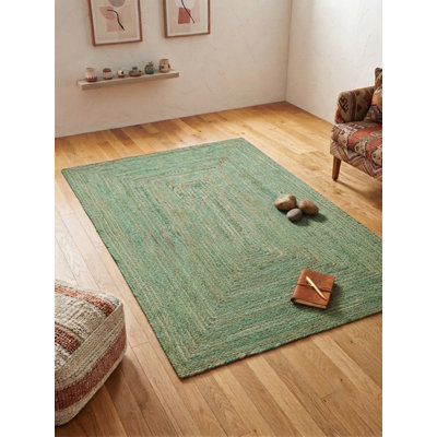 Tapis rectangulaire vert contemporain en coton et jute tressés à la main