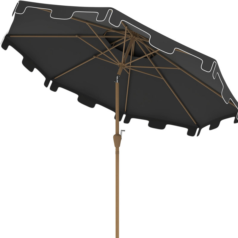 Parasol de patio 9 pi avec 8 nervures, double plateau gris foncé à volants, inclinaison à bouton-poussoir et manivelle pour la terrasse de la piscine extérieure - Auvent ventilé