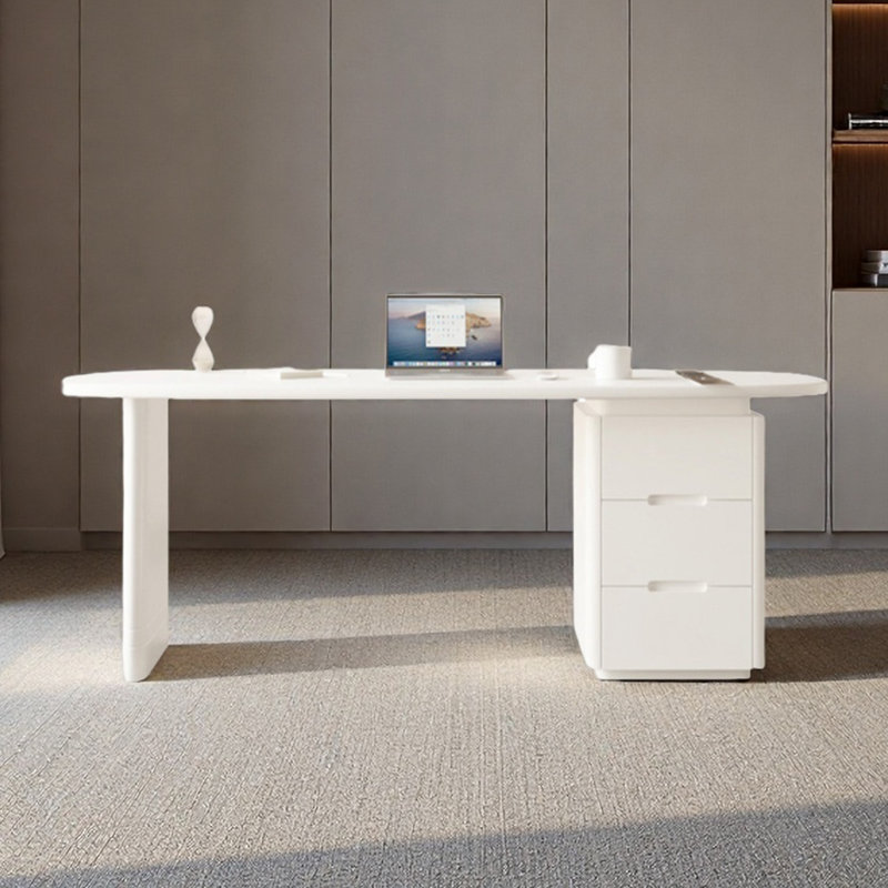 Bureau en bois massif avec une armoire de rangement crème pour la maison, H 29,53 po x l 62,99 po x P 23,62 po, Blanc