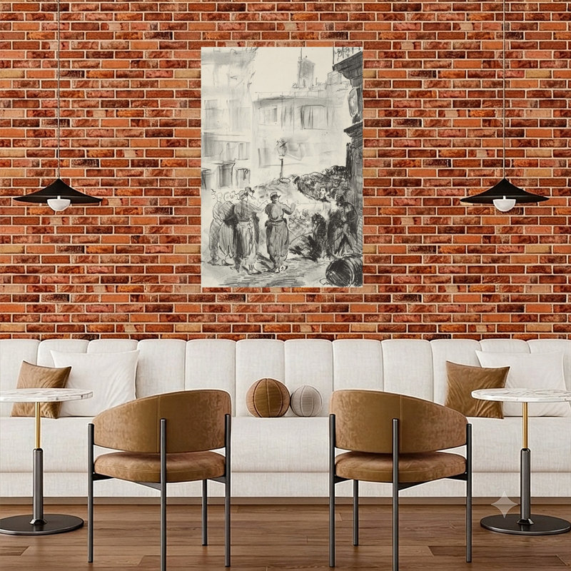 La Barricade, 1871, imprimée en 1884. Estampe abstraite contemporaine représentant un mur urbain., H 48 po x l 32 po