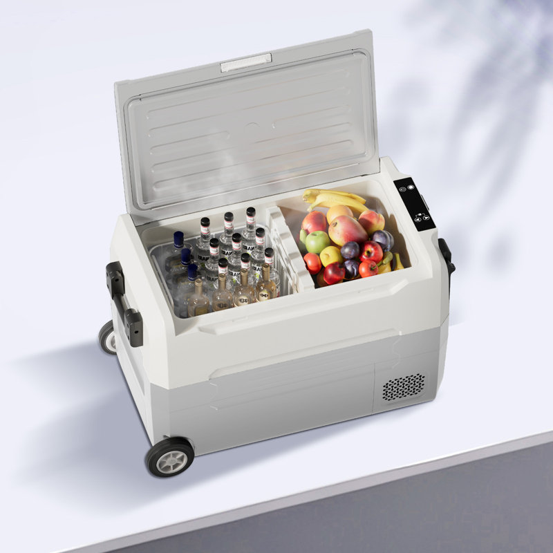 49QT(45L) Ultra-fast Cooling Car Refrigerator with Dual-compartment Independent Temperature Control & Display, -4?~68?,Portable Car Fridge with Robust Wheels & Handle For Easy Rolling, 12/24V DC, 110V/220VAC, Black/Grey