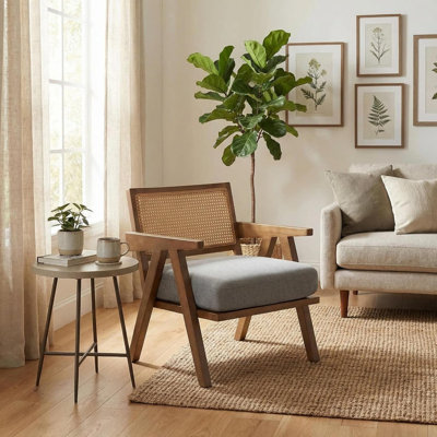 Chaise d'appoint Mid-Century moderne avec détails en rotin, fauteuil de salon rembourré en tissu, structure en bois et coussin moelleux pour le salon, la chambre à coucher, le balcon