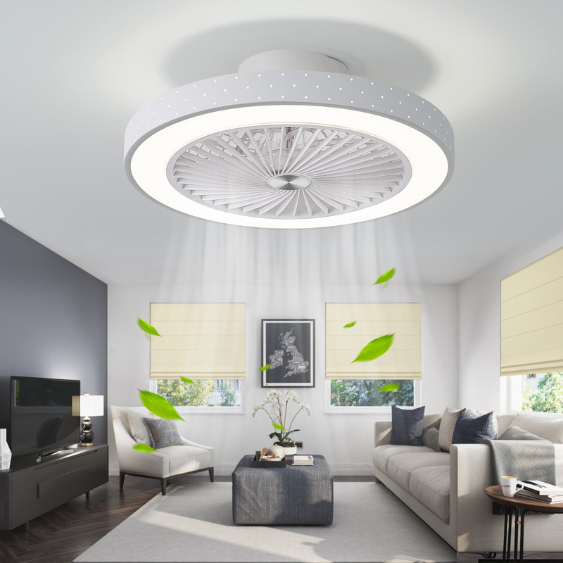 Ventilateur de plafond 19 po avec lumières DEL et plafonnier encastré à 8 pales avec télécommande, Blanc