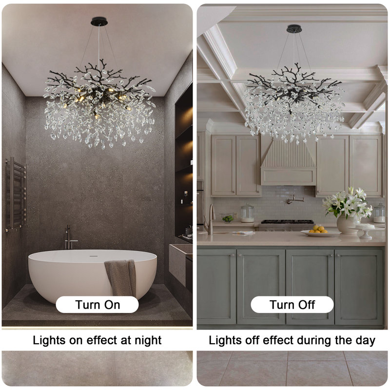 Lustre en cristal branche d'arbre de jardin 32 po, Noir / blanc, H 15,7 po x l 23,6 po x P 23,6 po, 8