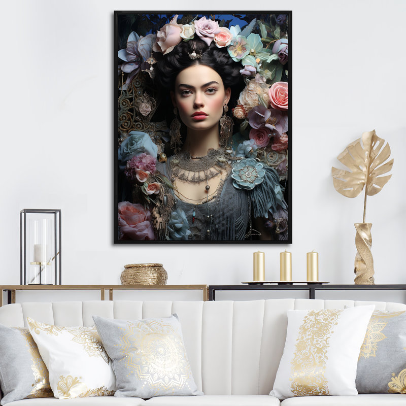 Floral, rose et bleu, Portrait mexicain I - femme mexicaine, art mural, Cadre flottant noir, H 20 po x l 12 po