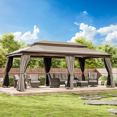 Gazebo de patio en acier de 6 m de large x 3 m de profondeur avec toit double et rideaux