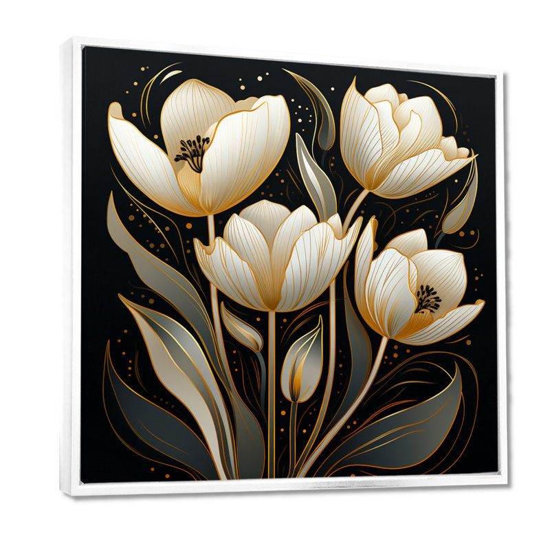 «White Glam Tulip», art mural noir, H 30 po x l 30 po x P 1 po, Toile encadrée flottée blanche