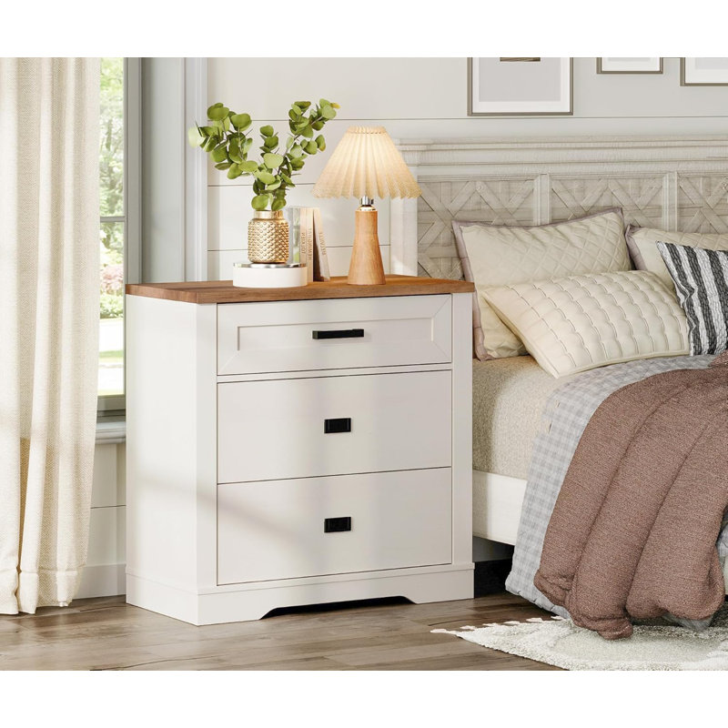 Table de chevet Modern Farmhouse, grande table de chevet avec tiroirs, H 32 po x l 31,5 po x P 15,4 po, Blanc / Chêne