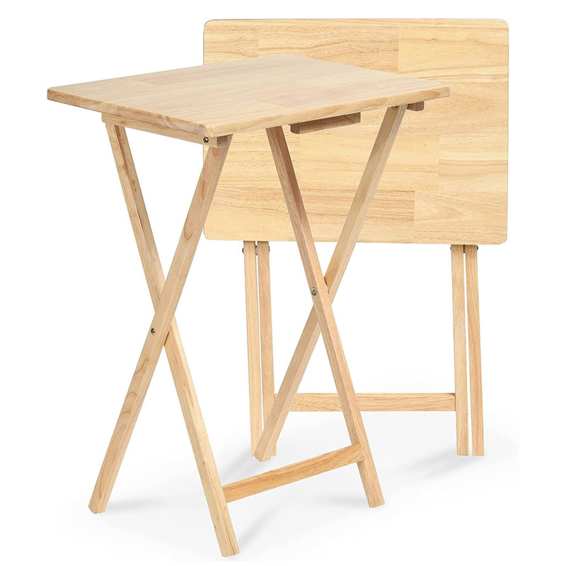Natural Solid Wood Folding TV Tray Table Set with Storage Rack, 7-Piece