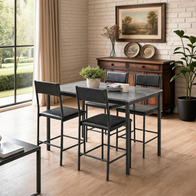 5 Piece Dining Table Set, Gray Marble Print Rectangular Table with 4 Black PU Padded Chairs, Modern Metal Frame Compact Dinette Furniture for Small Ap