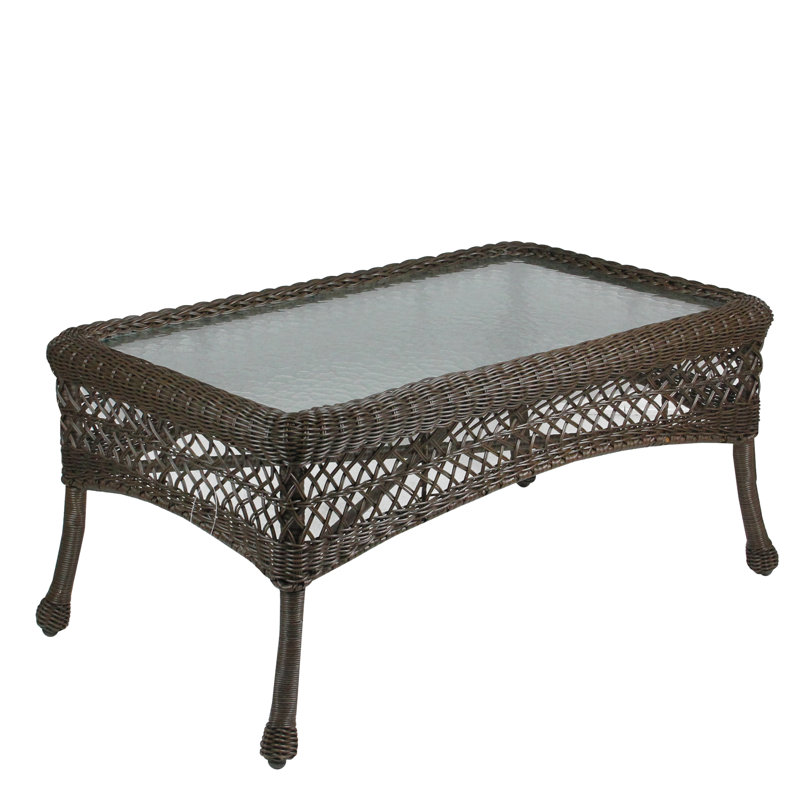 Table de patio 30 po en osier brun et transparent avec verre trempé