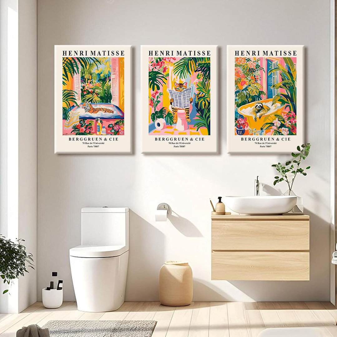 Animal Bathroom Wall Art Funny Cat Canvas Wall Decor Tiger Bathtub Art Pictures Funny Bathroom Poster Henri Matisse Prints Cute Animal Painting Pink T