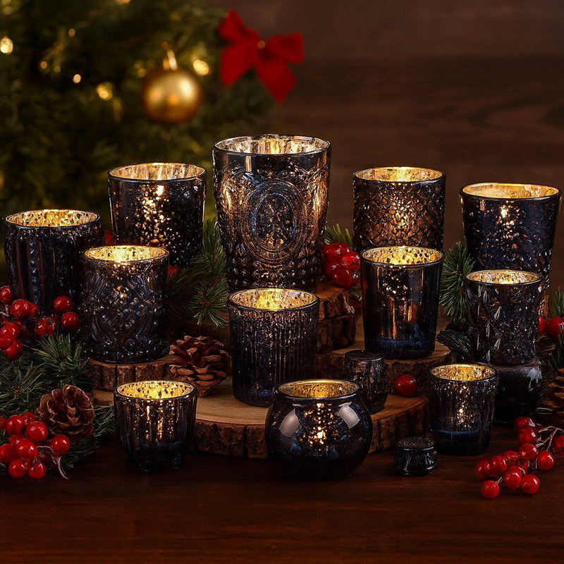 5'' H Glass Tabletop Votive Holder, Navy Blue