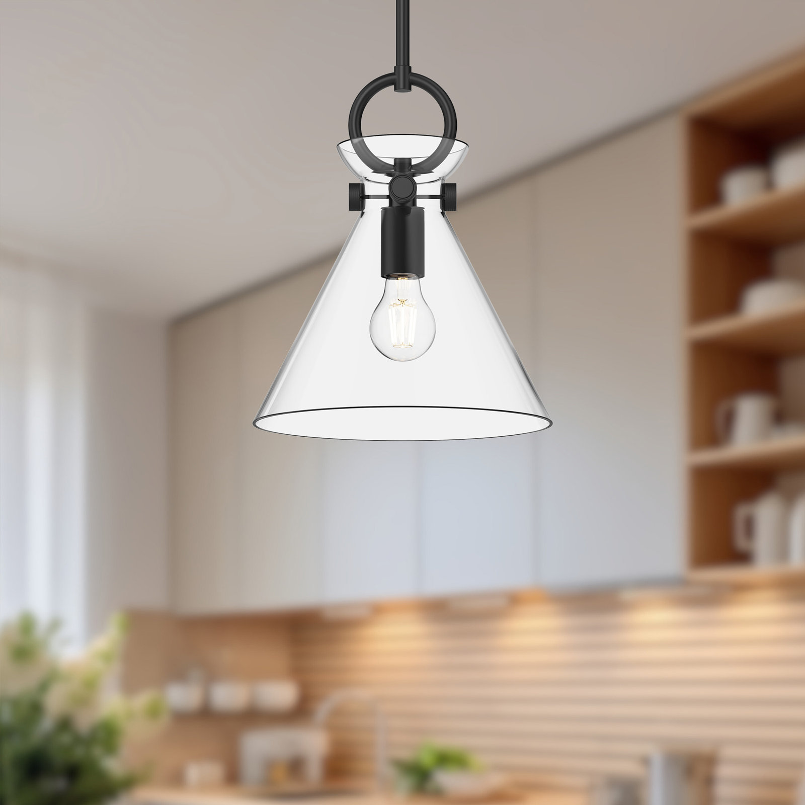 Tiney Single Light Glass Steel Pendant, 12.75" H x 10.5" W x 10.5" D, Matte Black/Clear